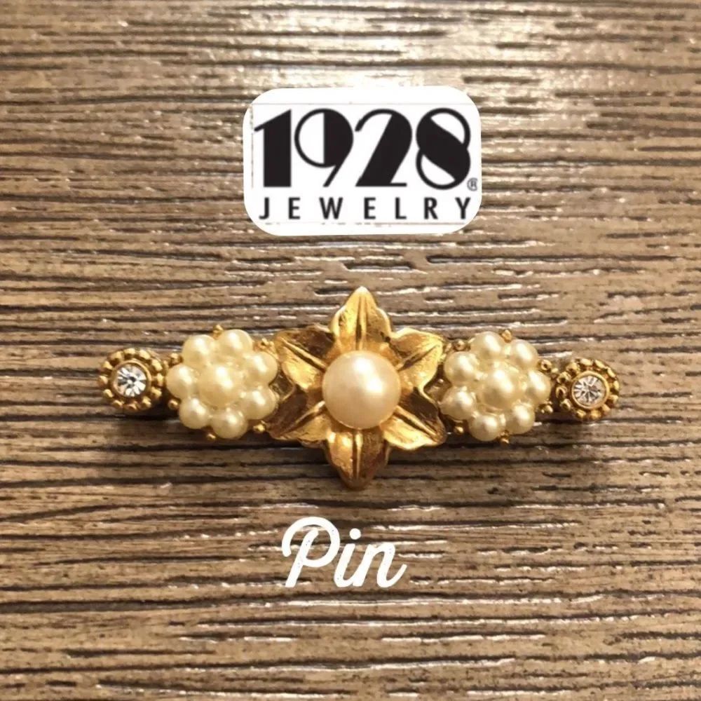 Vintage 1928 Brand Faux Pearl Flower & Rhinestone Bar Pin